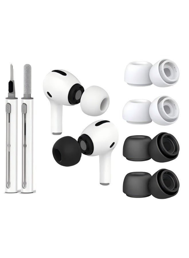 ٤ أزواج من أطراف الأذن البديلة لسماعات AirPods Pro من الجيل الأول/الثاني - زوجان أسود وزوجان أبيض (صغير/كبير) من السيليكون مع فتحات لتقليل الضوضاء، وغطاء واقٍ من الغبار، وعلبة تخزين وقلم تنظيف - Image 1